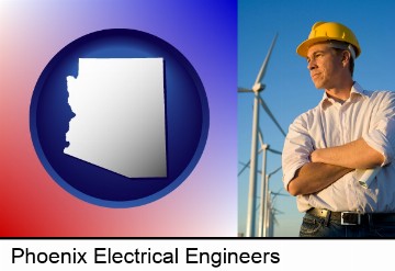 an electrical engineer, with windmills in the background in Phoenix, AZ