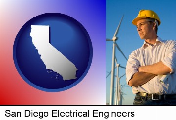 an electrical engineer, with windmills in the background in San Diego, CA