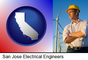 an electrical engineer, with windmills in the background in San Jose, CA