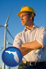 florida map icon and an electrical engineer, with windmills in the background