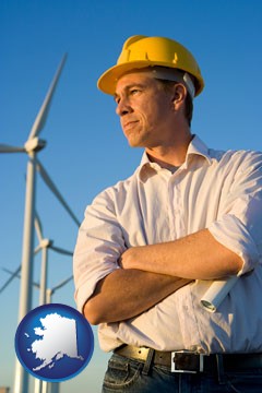 an electrical engineer, with windmills in the background - with Alaska icon