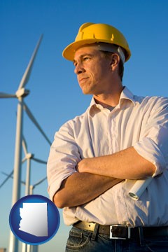 an electrical engineer, with windmills in the background - with Arizona icon