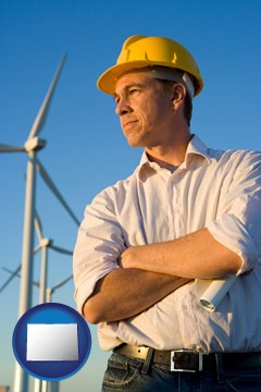 an electrical engineer, with windmills in the background - with Colorado icon