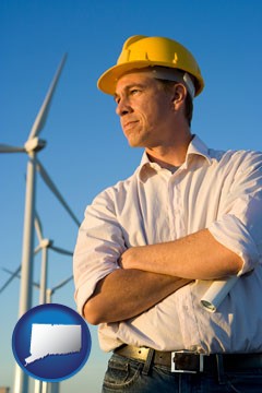 an electrical engineer, with windmills in the background - with Connecticut icon