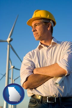 an electrical engineer, with windmills in the background - with Georgia icon