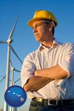 an electrical engineer, with windmills in the background - with Hawaii icon