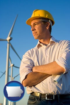 an electrical engineer, with windmills in the background - with Iowa icon