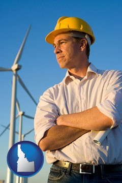 an electrical engineer, with windmills in the background - with Idaho icon