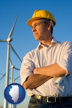 an electrical engineer, with windmills in the background - with Illinois icon
