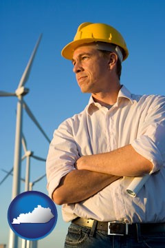 an electrical engineer, with windmills in the background - with Kentucky icon