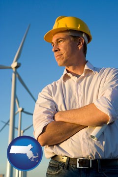 an electrical engineer, with windmills in the background - with Massachusetts icon