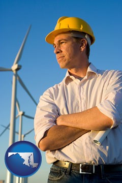 an electrical engineer, with windmills in the background - with Maryland icon