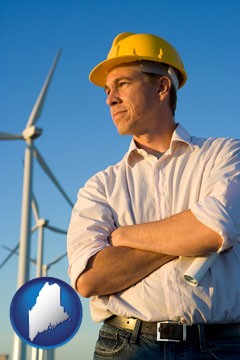 an electrical engineer, with windmills in the background - with Maine icon