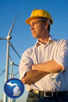 an electrical engineer, with windmills in the background - with Michigan icon