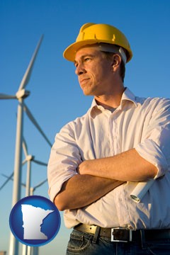 an electrical engineer, with windmills in the background - with Minnesota icon