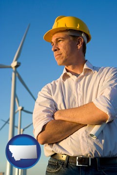 an electrical engineer, with windmills in the background - with Montana icon
