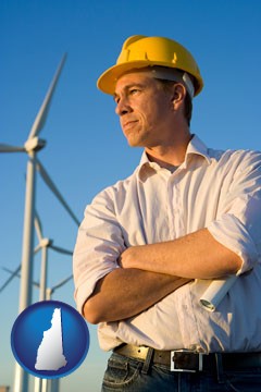 an electrical engineer, with windmills in the background - with New Hampshire icon