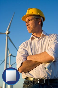 an electrical engineer, with windmills in the background - with New Mexico icon