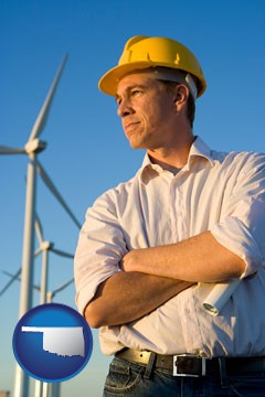 an electrical engineer, with windmills in the background - with Oklahoma icon