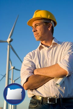 an electrical engineer, with windmills in the background - with Oregon icon