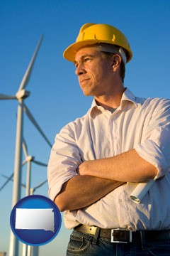 an electrical engineer, with windmills in the background - with South Dakota icon