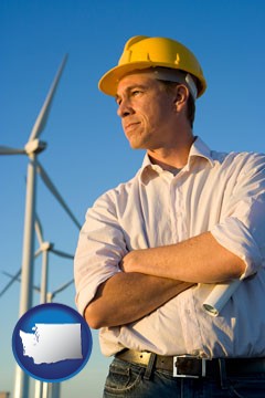 an electrical engineer, with windmills in the background - with Washington icon