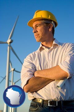 an electrical engineer, with windmills in the background - with Wisconsin icon