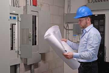 an electrical engineer reviewing electrical panel blueprints