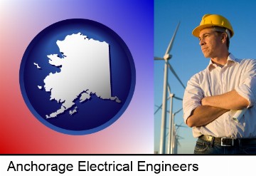 an electrical engineer, with windmills in the background in Anchorage, AK