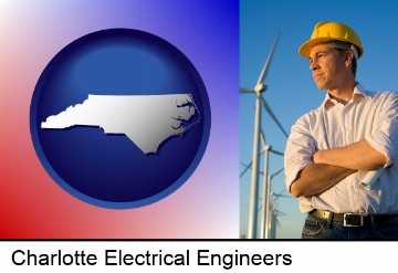 an electrical engineer, with windmills in the background in Charlotte, NC