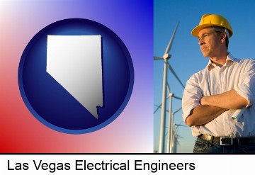 an electrical engineer, with windmills in the background in Las Vegas, NV