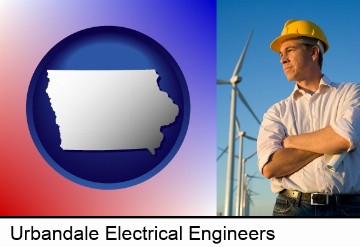 an electrical engineer, with windmills in the background in Urbandale, IA