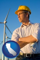 california map icon and an electrical engineer, with windmills in the background