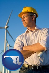 maryland map icon and an electrical engineer, with windmills in the background