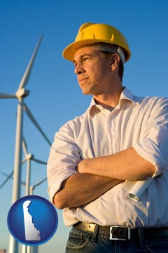 an electrical engineer, with windmills in the background - with Delaware icon
